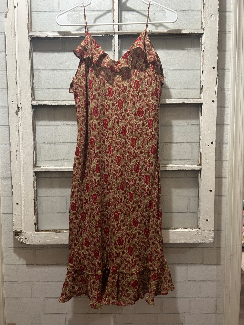 Vintage RALPH Ralph Lauren Paisley Ruffle Hem Midi Slip Dress Red Tan